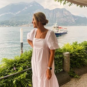 White Square Neck Puff Sleeve Tiered Midi Dress